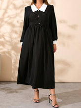 Plus Size Contrast Collared Neck Long Sleeve Midi Dress OutfitFlow